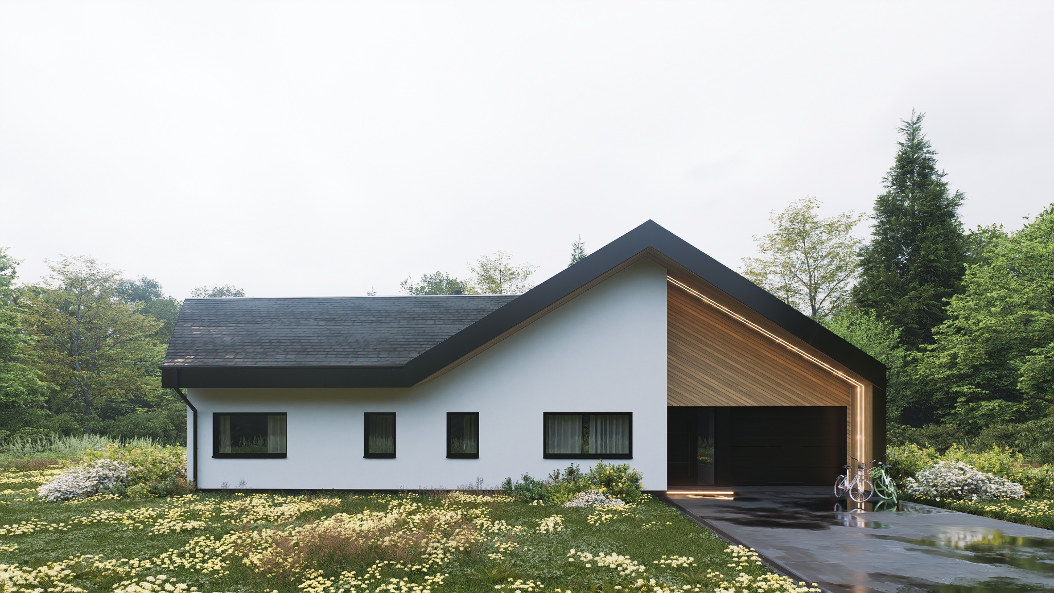 Nowoczesny dom jednorodzinny z białymi ścianami, czarnym dachem i drewnianymi elementami elewacji, otoczony bujną zielenią i kwitnącymi kwiatami, z dwoma rowerami opartymi o ścianę garażu.