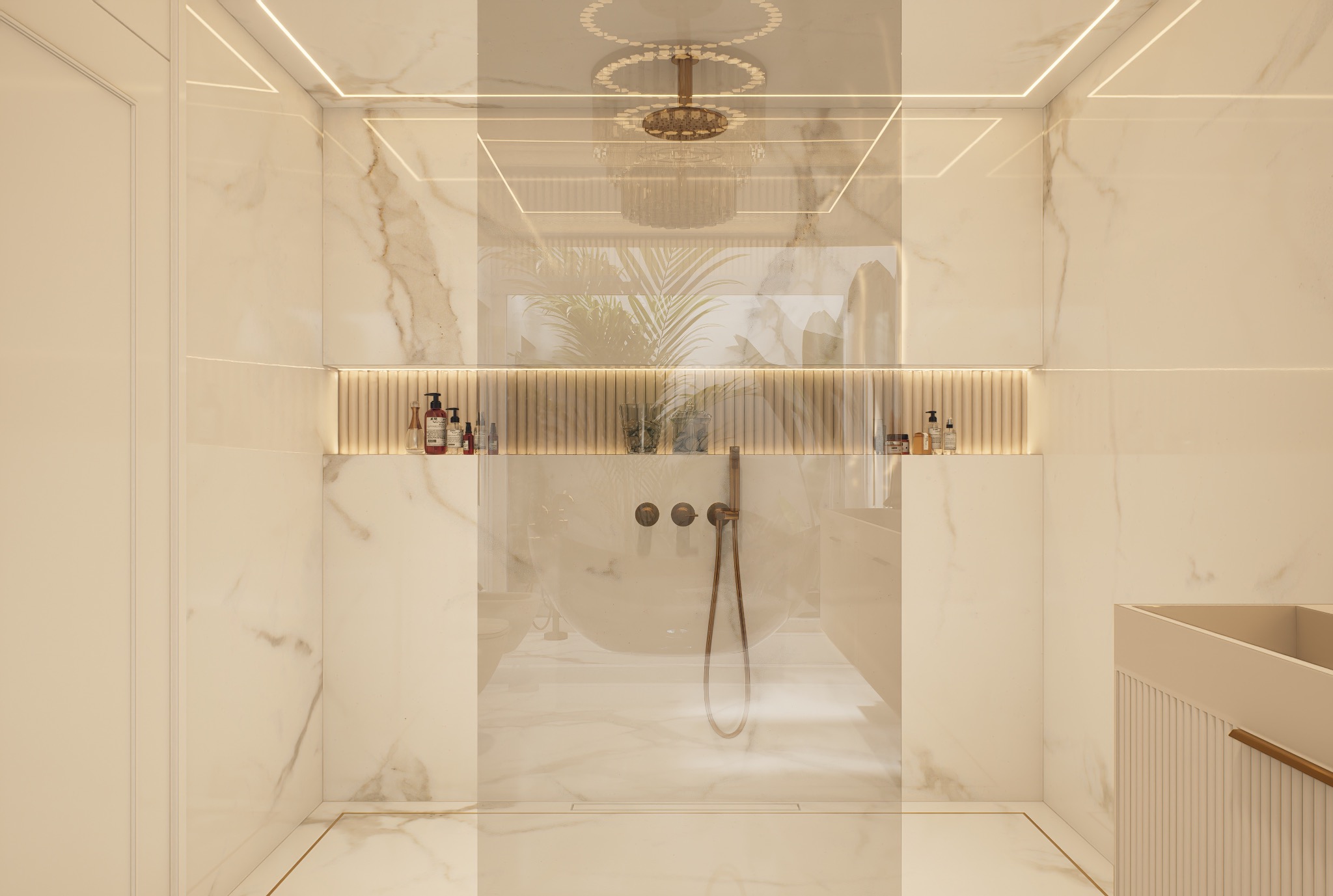 Elegancka łazienka z marmurowymi ścianami, oświetleniem LED i szklaną kabiną prysznicową. Widoczna armatura w kolorze miedzi i dekoracyjne półki z kosmetykami.