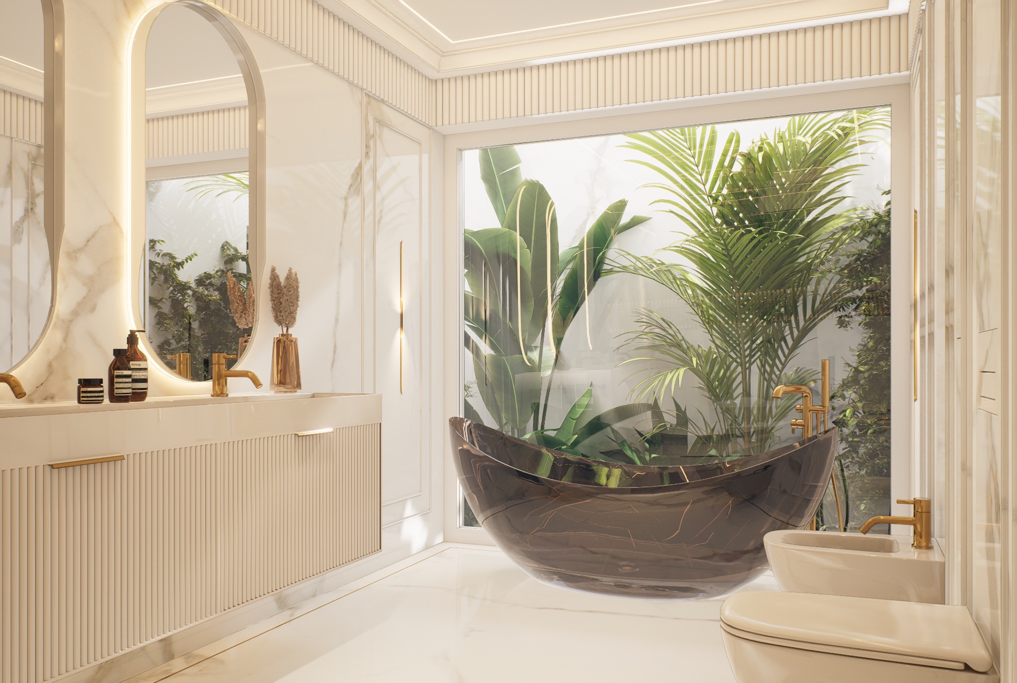 Elegancka łazienka z marmurowymi ścianami, owalnym lustrem z podświetleniem LED, brązową wanną i widokiem na zieleń za oknem. Złote akcenty armatury i dodatków.