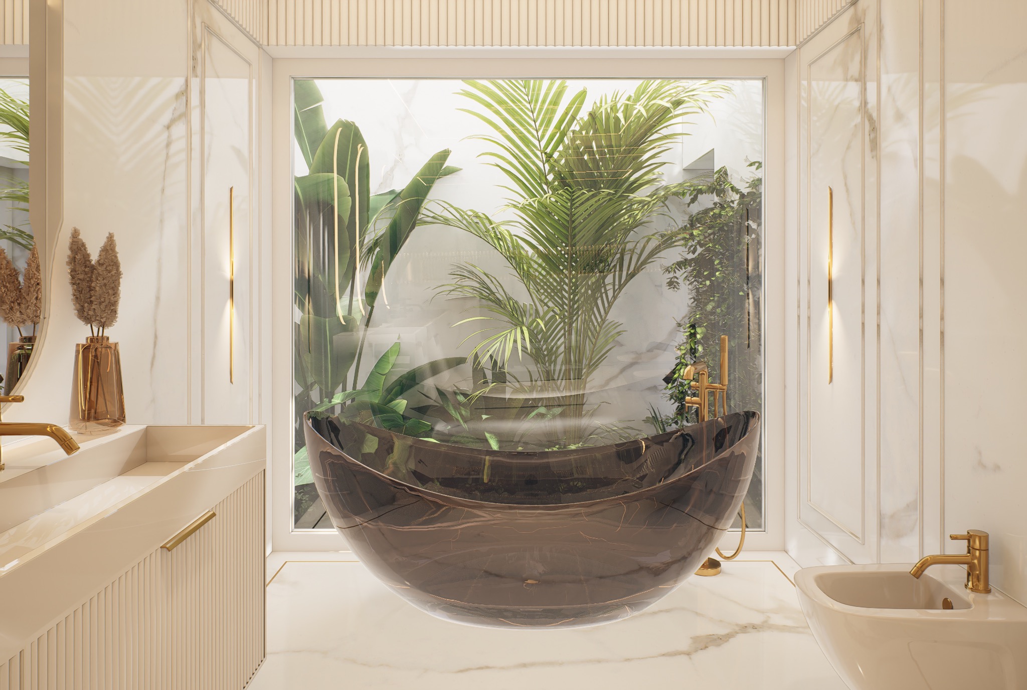 Nowoczesna łazienka z wolnostojącą, okrągłą wanną z ciemnego marmuru, złotą armaturą i widokiem na zieleń za oknem. Eleganckie wykończenie w bieli i złocie.