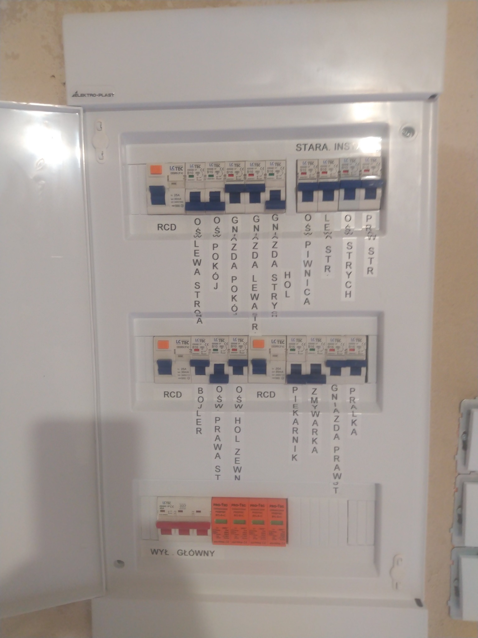 Rozdzielnia elektryczna z bezpiecznikami, opisana tabliczkami, w mieszkaniu w Kutnie. Widoczne zabezpieczenia RCD i wyłącznik główny.