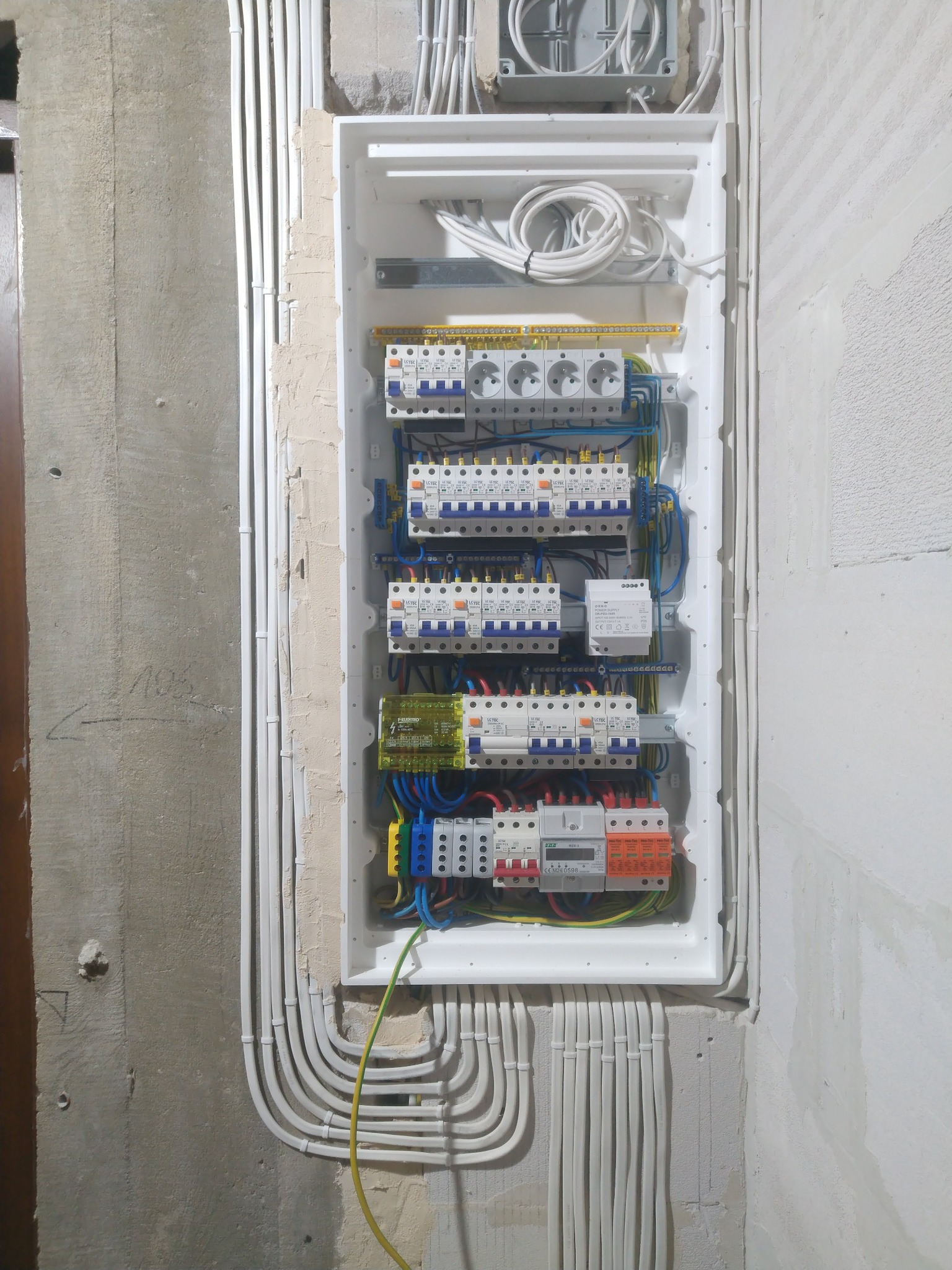 Rozdzielnica elektryczna w białej obudowie na ścianie z instalacją kablową. Widoczne zabezpieczenia, gniazda i przewody w kolorach. Ściana w stanie surowym.