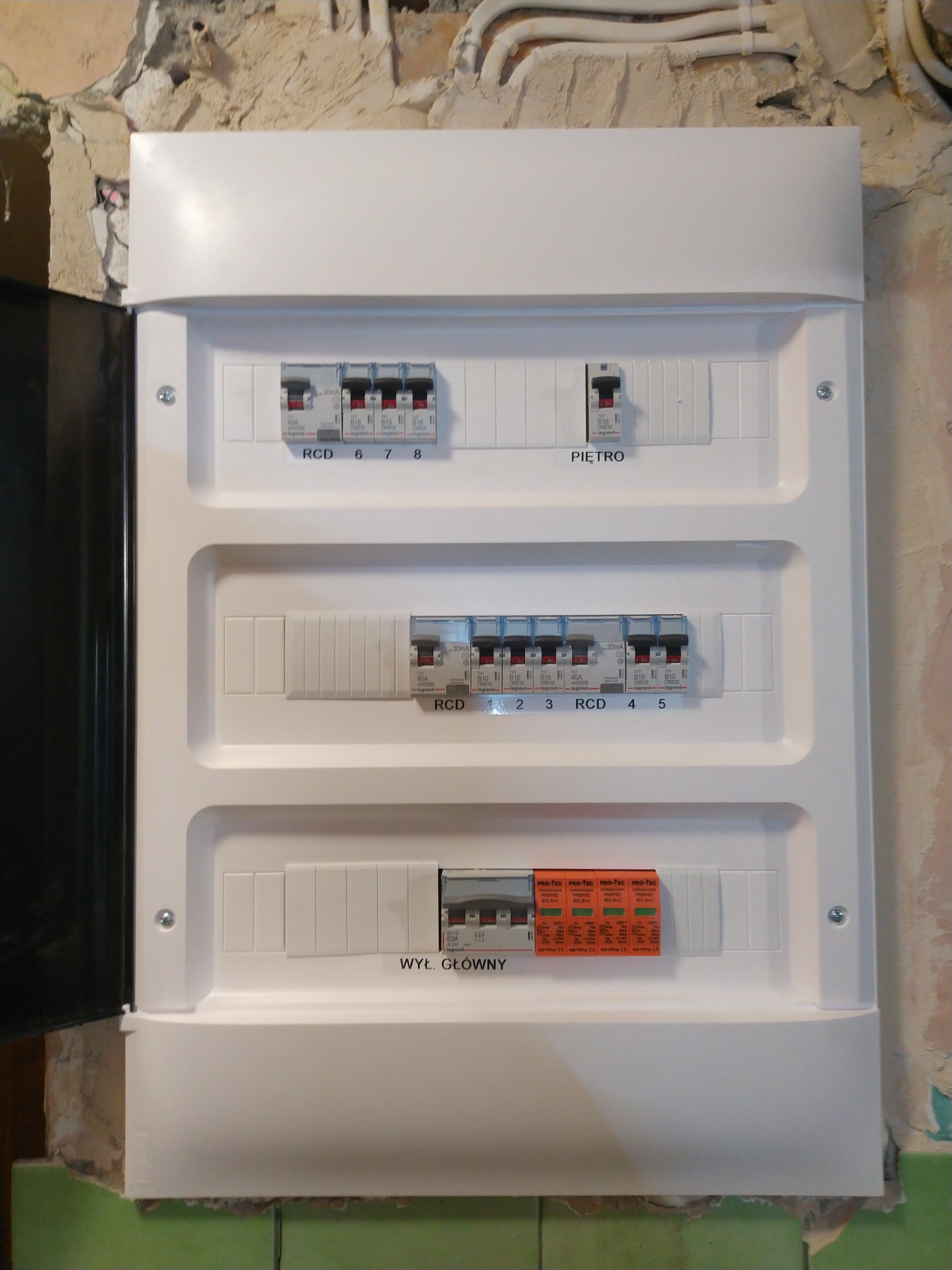 Rozdzielnica elektryczna z zainstalowanymi bezpiecznikami i wyłącznikami różnicowoprądowymi, zamontowana na ścianie w trakcie remontu. Widoczne kable i surowy tynk.