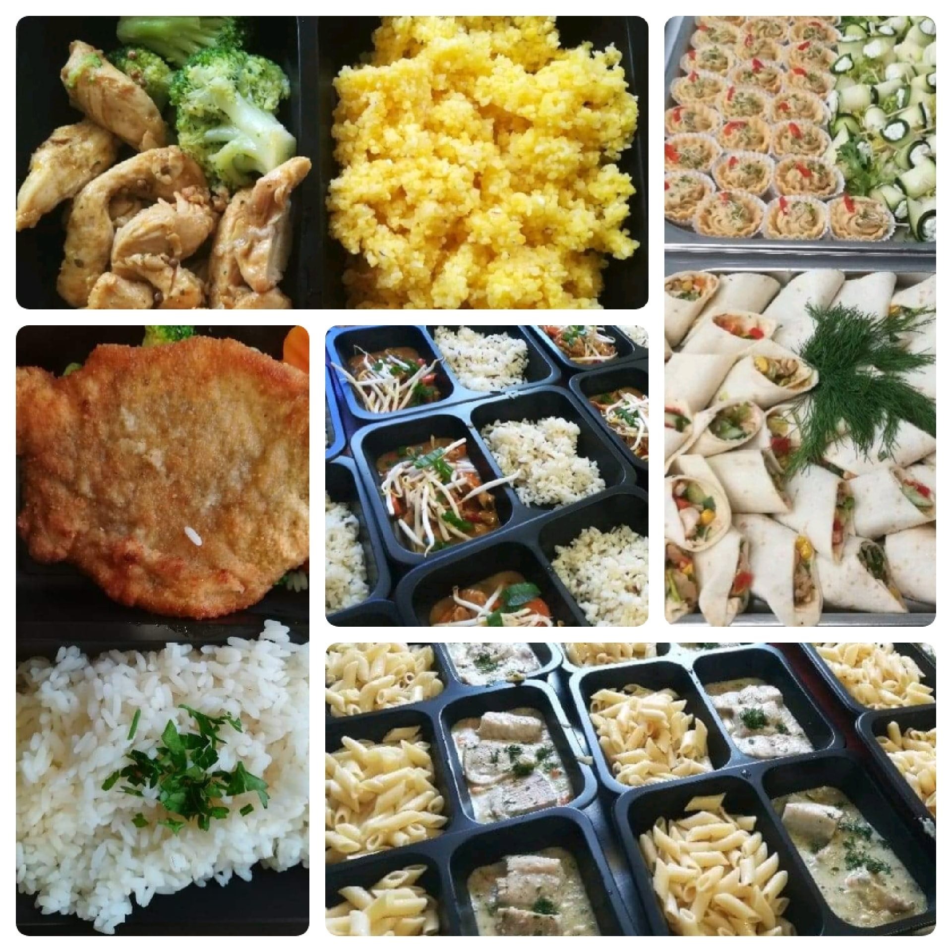 Kolaż dań gotowych w pojemnikach i na tacach, prezentujący różnorodne menu z Warszawy: kurczak z brokułami, kasza, roladki z warzywami, kotlet, ryż z natką pietruszki, dania w sosie z makaronem.