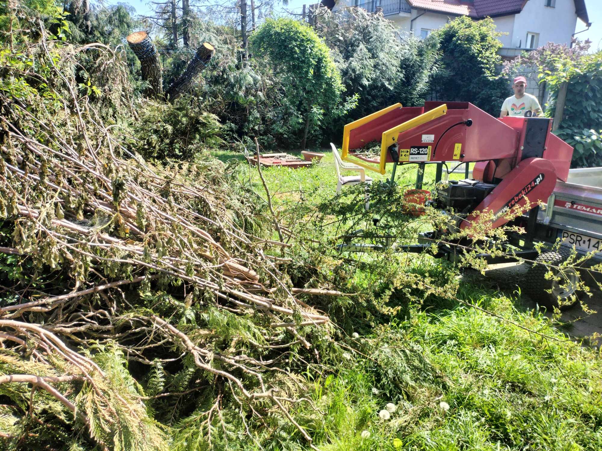 Stos gałęzi po wycince drzew leżący na trawie obok czerwono-żółtej rębarki, w tle ścięte pnie drzew i dom