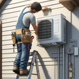 Instalator w niebieskim kombinezonie, stojący na drabinie, montuje jednostkę zewnętrzną klimatyzacji na ścianie domu z białym sidingiem. Widoczny pas z narzędziami i elementy instalacji.