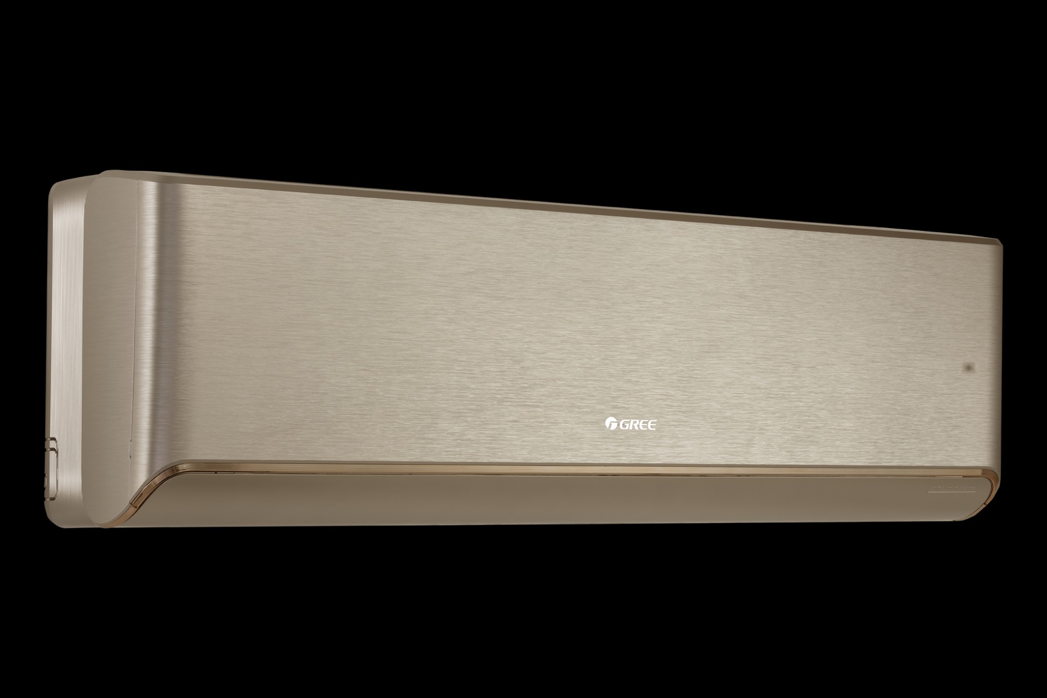 Klimatyzator ścienny GREE Airy w kolorze champagne na czarnym tle, widoczne logo producenta i subtelne detale wykończenia.