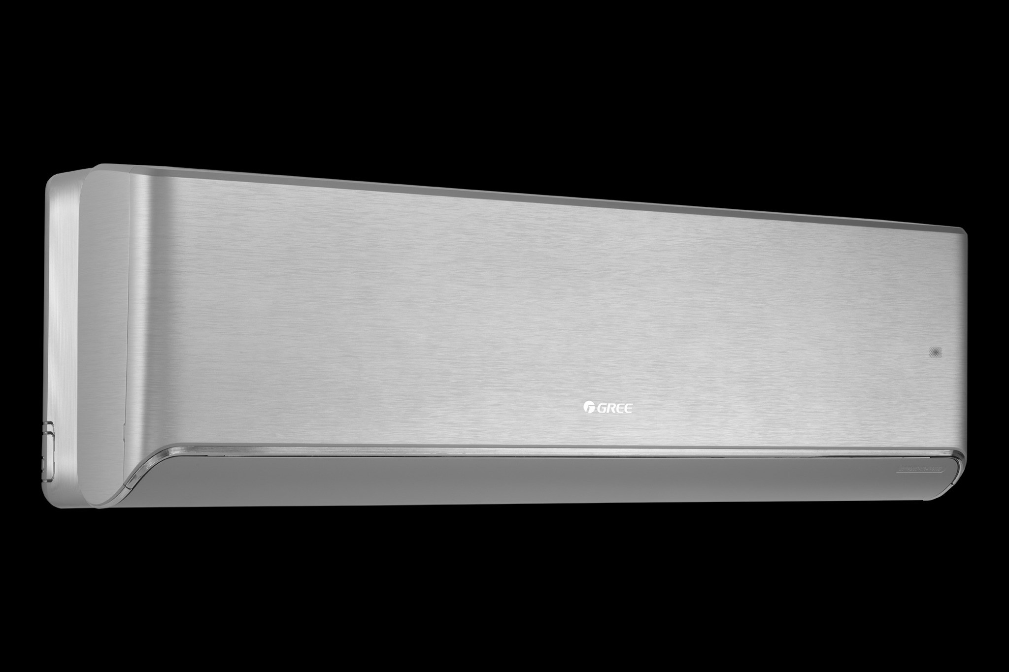 Klimatyzator ścienny GREE Airy w kolorze srebrnym, z widocznym logo i delikatną fakturą szczotkowanego metalu na obudowie, na czarnym tle.