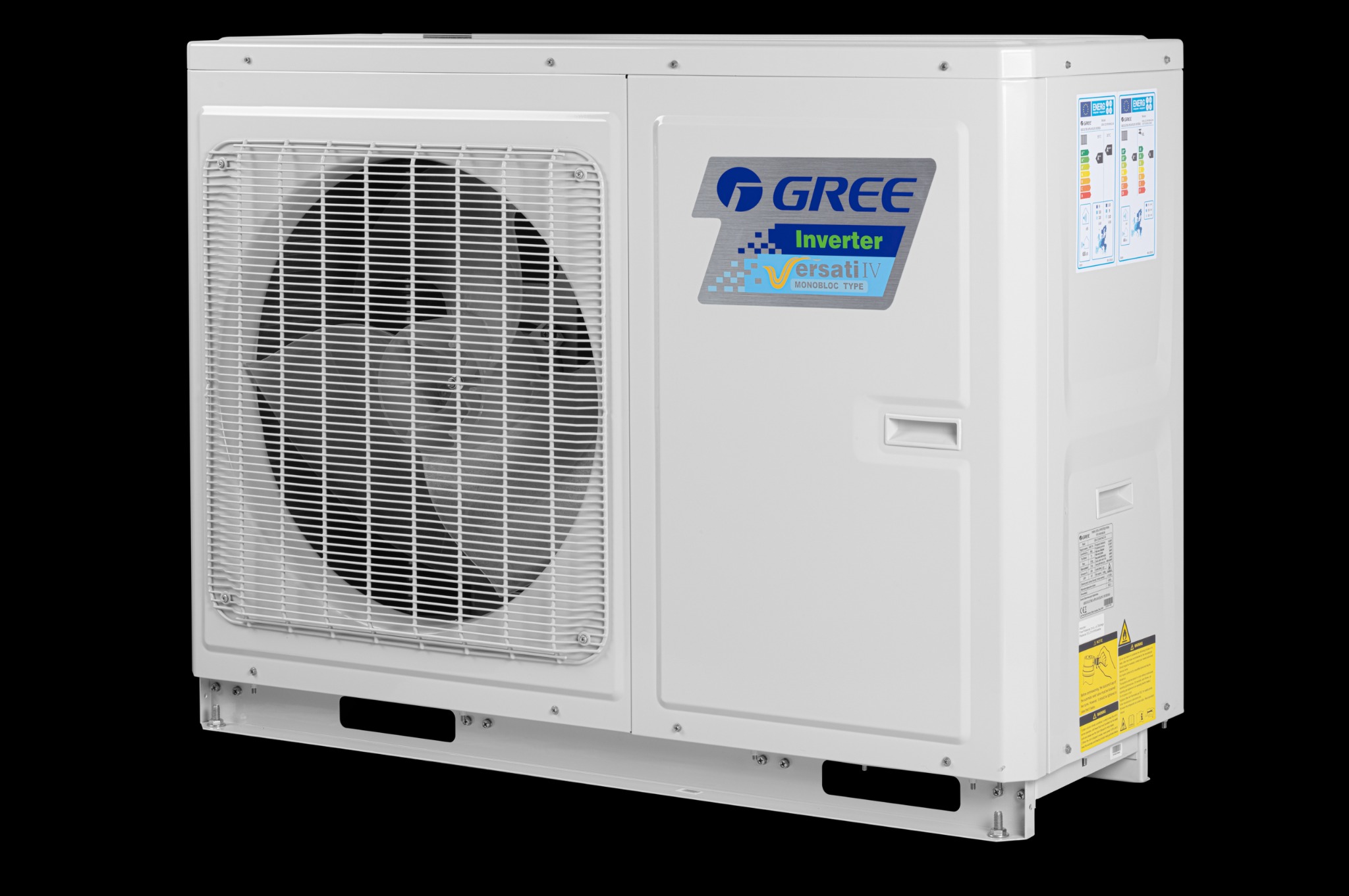 Biała, zewnętrzna jednostka klimatyzacyjna Gree Inverter ersatiIV monobloc type, widoczne etykiety energetyczne i ostrzegawcze.