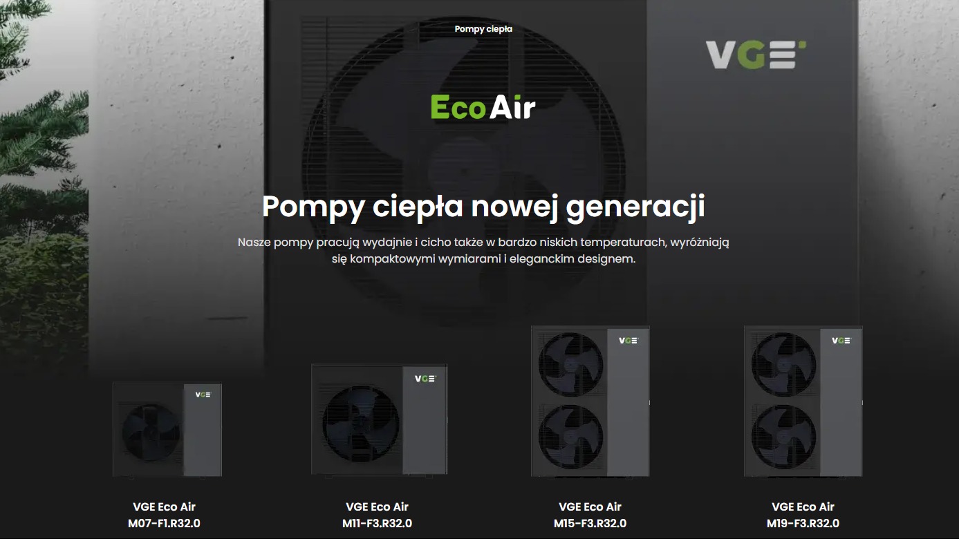 Katalogowe ujęcie prezentujące modele pomp ciepła VGE Eco Air nowej generacji, uwzględniające specyfikacje M07-F1.R32.0, M11-F3.R32.0, M15-F3.R32.0 i M19-F3.R32.0, z akcentem na wydajność w niskich...