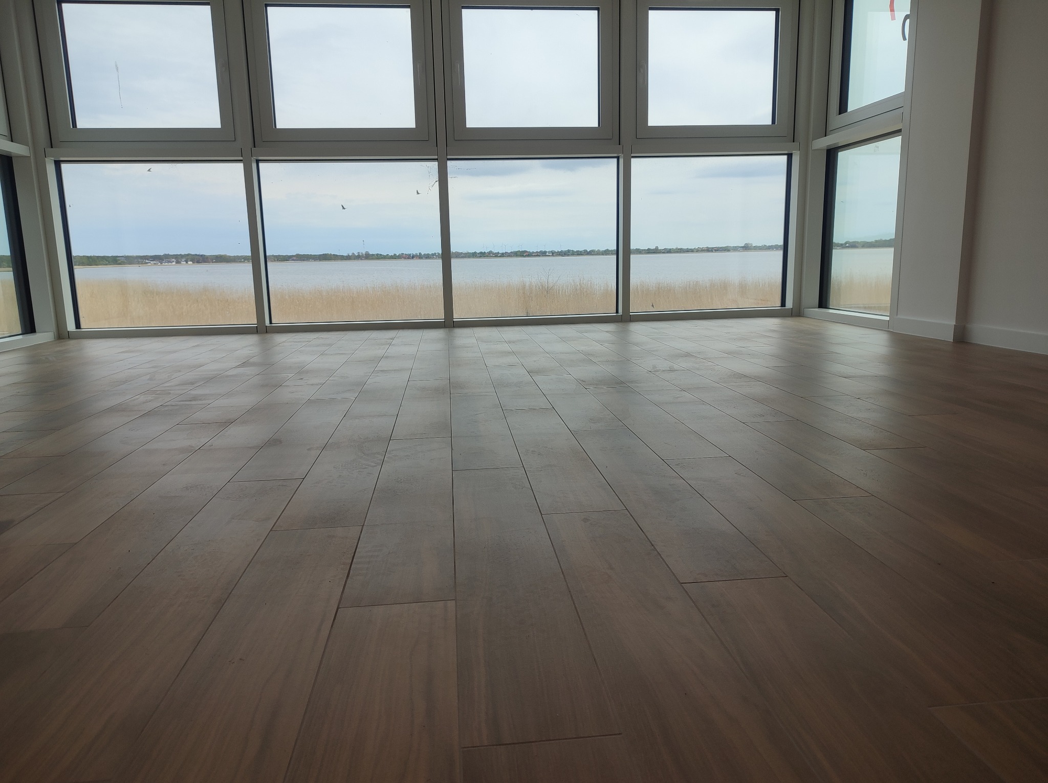Nowo ułożone, ciemnobrązowe panele podłogowe w jasnym pokoju z dużymi oknami z widokiem na jezioro i trzciny; widoczne detale łączeń paneli.