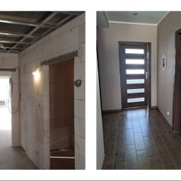 MAT-BUD Mateusz Karwasz - Porównanie stanu surowego i wykończonego wnętrza: widok na pokój z surowymi ścianami z bloczków i metalowym stelażem sufitu oraz gotowy korytarz z dwoma zamontowanymi drzwiami w ciemnej okleinie...