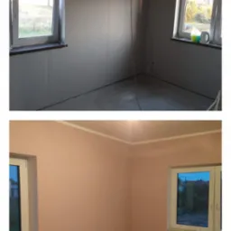 Dwa ujęcia tego samego pokoju: górne przedstawia surowe ściany z płyt kartonowo-gipsowych przed malowaniem, dolne ukazuje pomieszczenie po nałożeniu gładzi i pomalowaniu na delikatny różowy kolor...