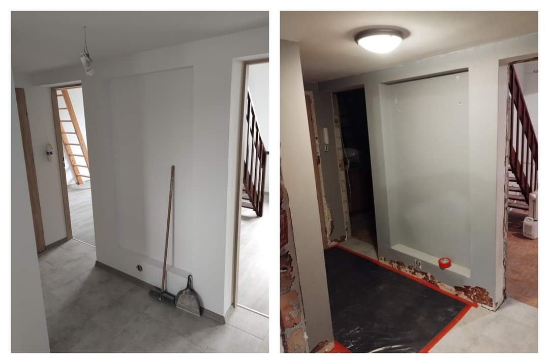 Porównanie stanu ścian przed i po, widoczne różnice w kolorze i wykończeniu, zarysowane fragmenty muru, podłoga zabezpieczona folią.