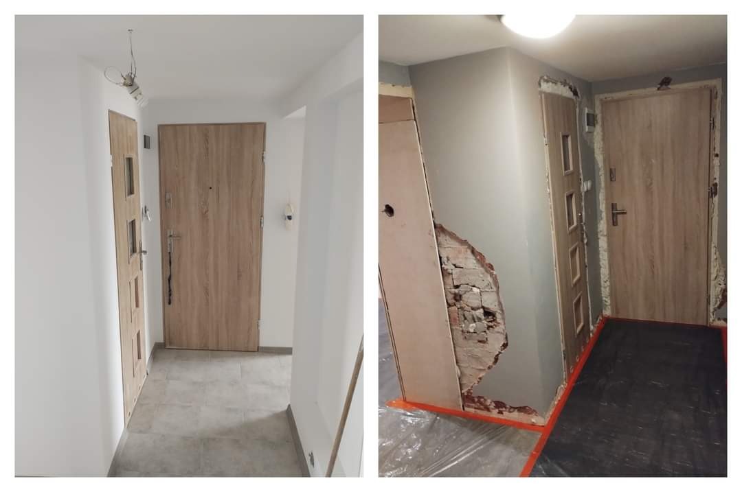 Dwa ujęcia przedpokoju w trakcie remontu: po lewej stronie widoczny odnowiony fragment z dwiema drewnopodobnymi drzwiami, po prawej odsłonięta cegła przy ościeżnicy, zabezpieczona folią podłoga...