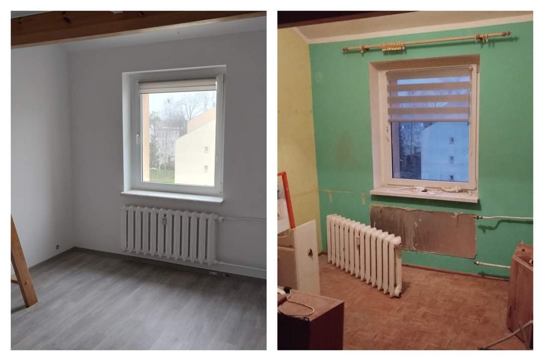 Porównanie pokoju przed i po remoncie: od zielonych ścian z odsłoniętym fragmentem ściany po gładkie, białe ściany i panele podłogowe.