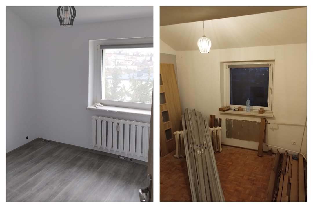 Porównanie pokoju przed i po: od surowych ścian i podłogi do świeżo pomalowanych ścian, nowej podłogi i zamontowanego grzejnika.