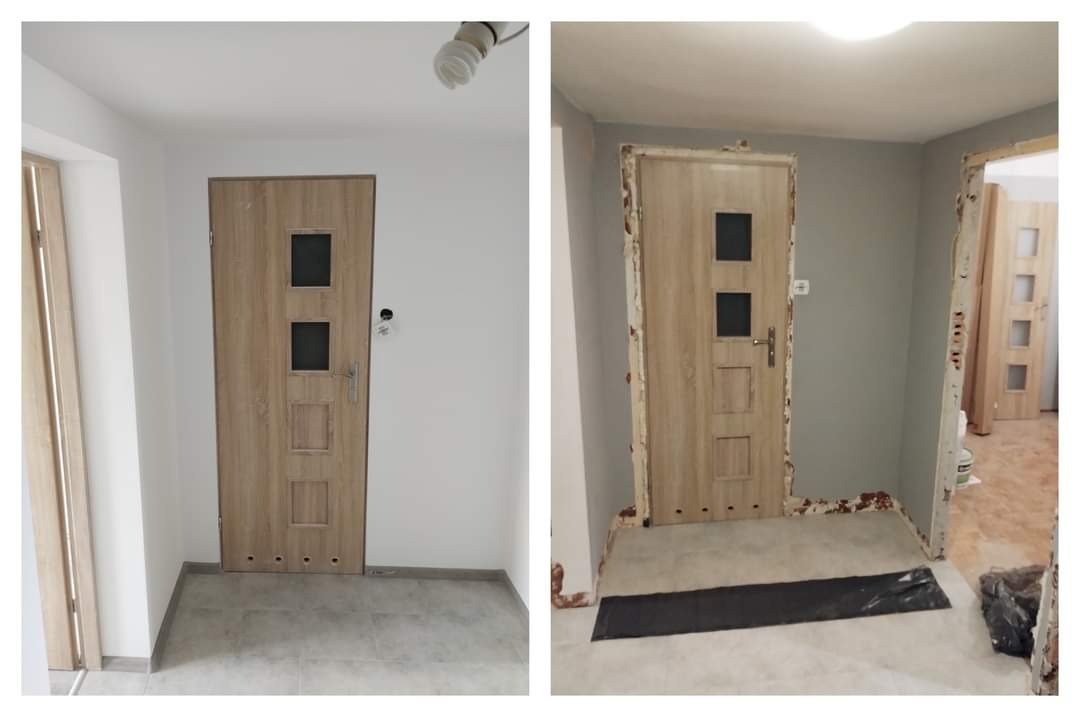 Porównanie: drzwi z trzema kwadratowymi przeszkleniami, po lewej świeżo zamontowane w białym pokoju, po prawej przygotowane do montażu w szarym pokoju z widocznymi śladami prac remontowych.