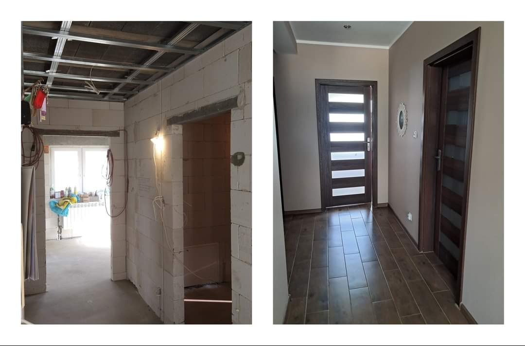 Porównanie stanu surowego i wykończonego wnętrza: widok na pokój z surowymi ścianami z bloczków i metalowym stelażem sufitu oraz gotowy korytarz z dwoma zamontowanymi drzwiami w ciemnej okleinie...