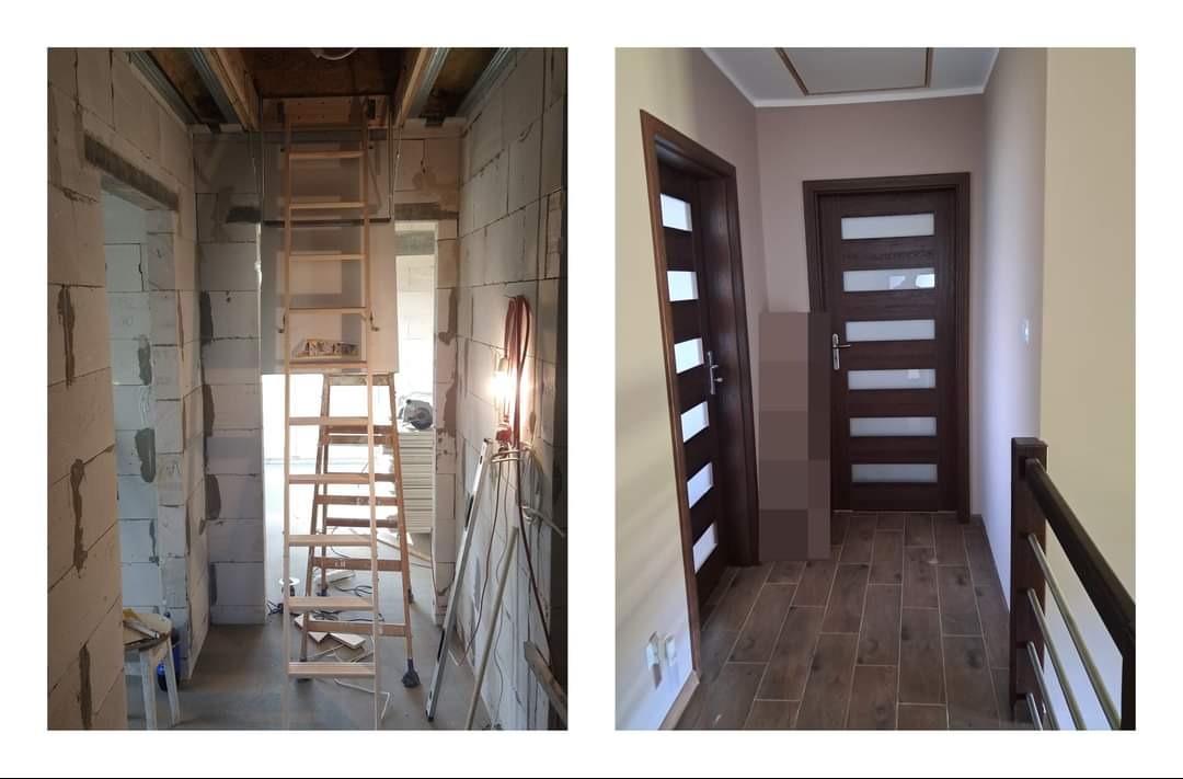 Dwuczęściowe ujęcie: po lewej surowe wnętrze z bloków, drewnianą drabiną prowadzącą do otworu w suficie, po prawej wykończony korytarz z dwiema ciemnymi, przeszklonymi drzwiami i brązowymi panelami...