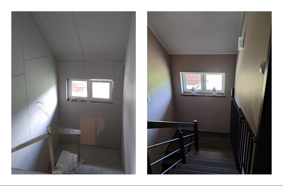 Klatka schodowa przed i po: surowe płyty kartonowo-gipsowe z widocznymi kablami po lewej, pomalowane ściany w odcieniach beżu z drewnianymi schodami i metalową balustradą po prawej stronie, okno...