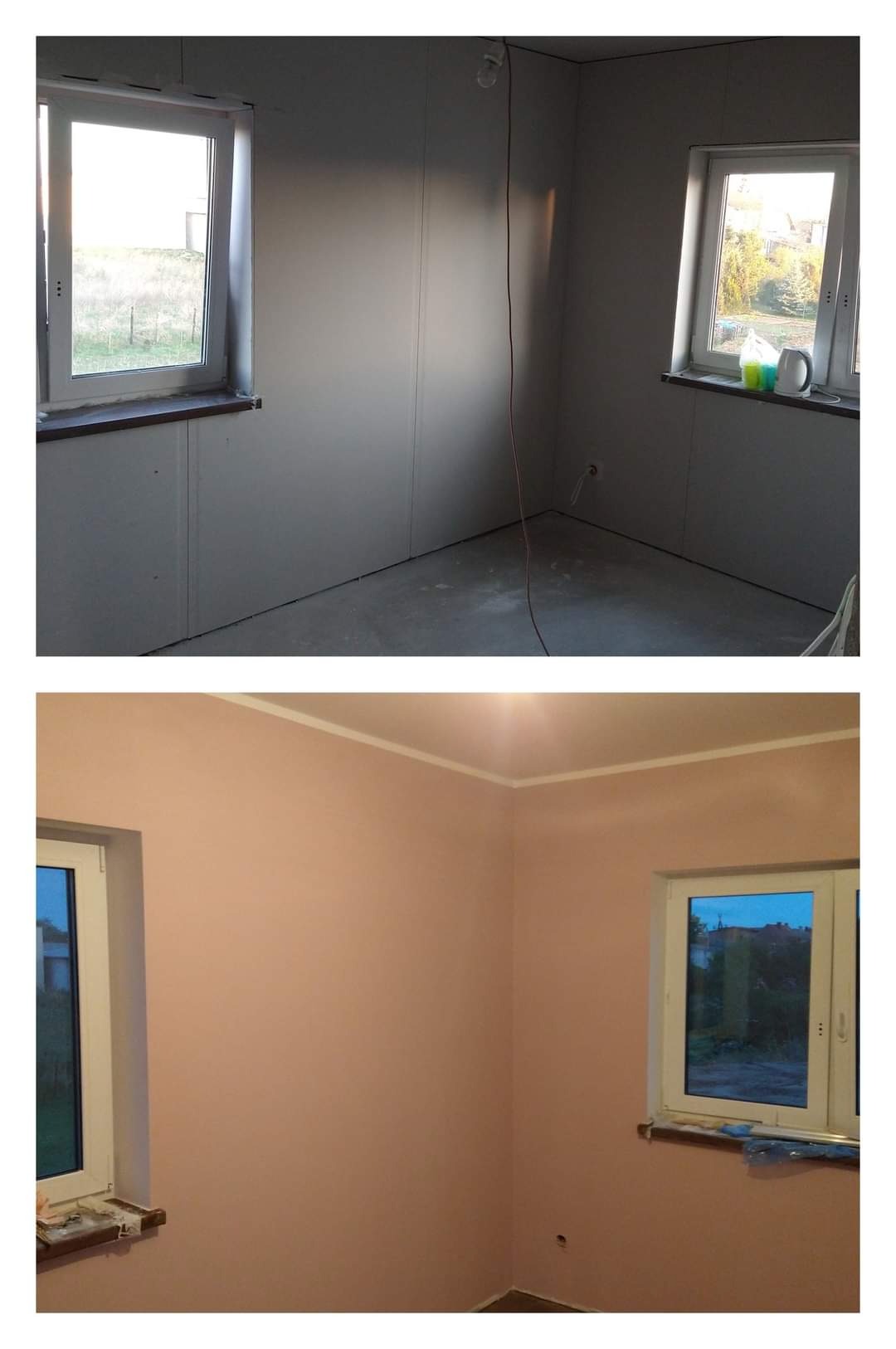 Dwa ujęcia tego samego pokoju: górne przedstawia surowe ściany z płyt kartonowo-gipsowych przed malowaniem, dolne ukazuje pomieszczenie po nałożeniu gładzi i pomalowaniu na delikatny różowy kolor...