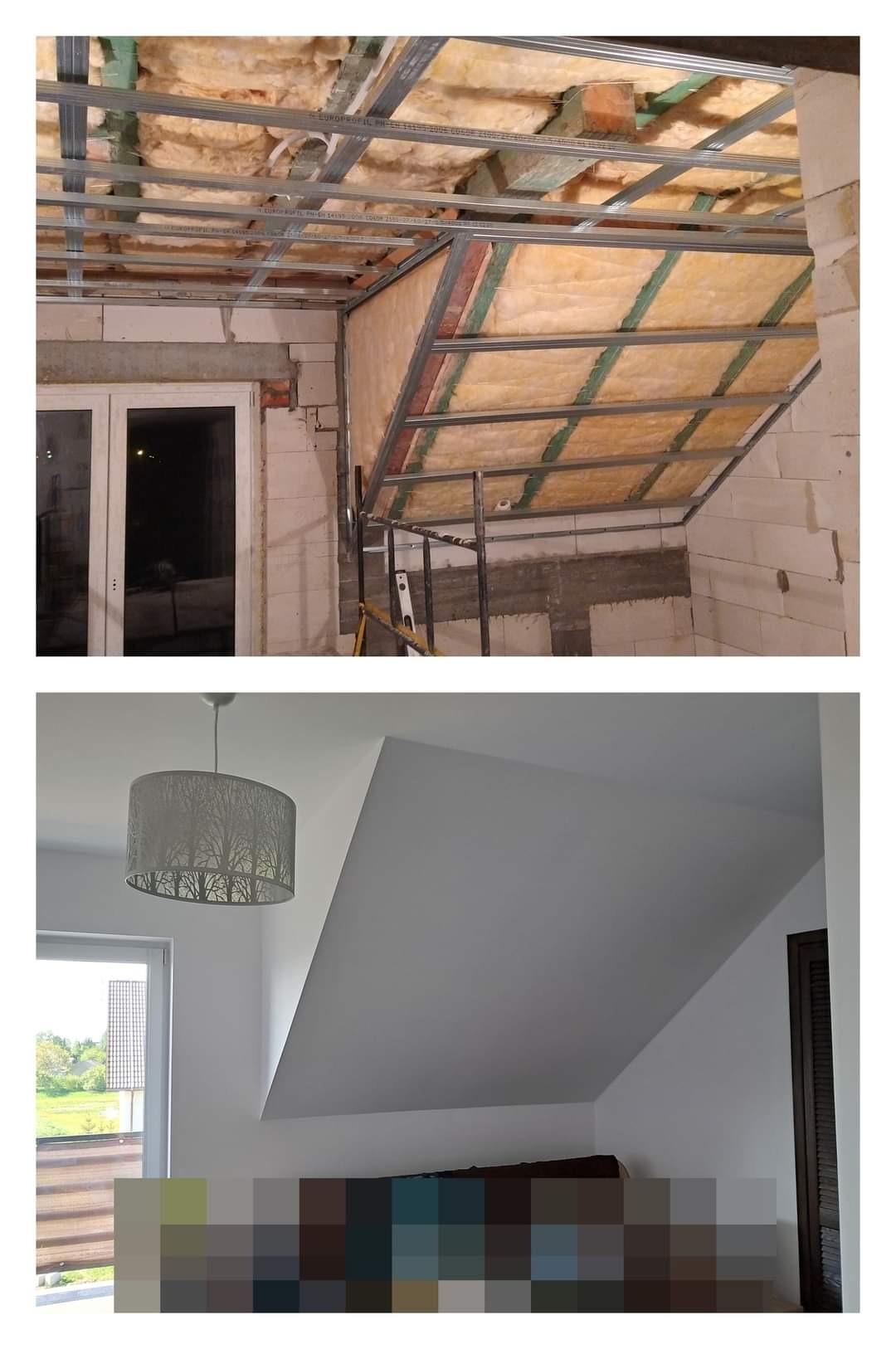 Poddasze w trakcie wykończenia: izolacja wełną mineralną na metalowej konstrukcji, widoczne bloczki betonowe i okno, oraz pomalowana ściana z lampą i oknem.