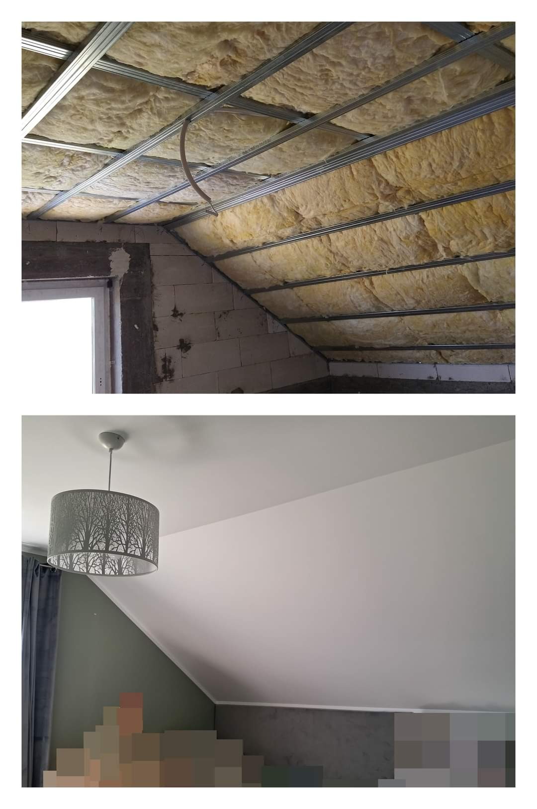 Poddasze: izolacja z wełny mineralnej zamontowana w metalowym stelażu, widok przed i po nałożeniu warstwy wykończeniowej.