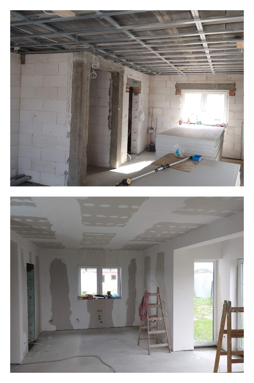 Dwa ujęcia wnętrza w trakcie prac wykończeniowych: surowy stan z konstrukcją sufitu podwieszanego i stosem płyt gipsowo-kartonowych oraz pomieszczenie po wstępnym położeniu gładzi, z widoczną...