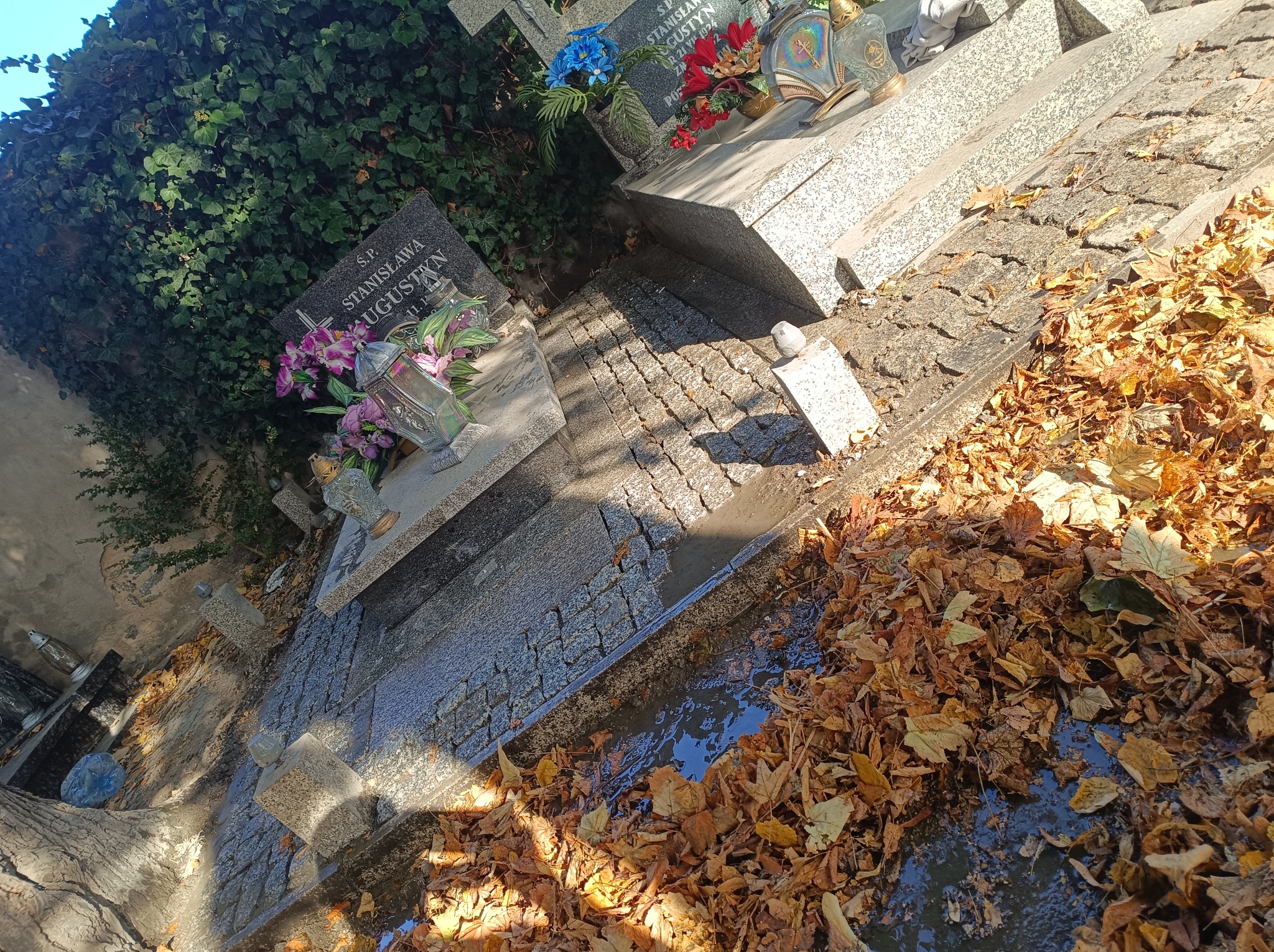 Granitowa kostka brukowa na cmentarzu, częściowo pokryta jesiennymi liśćmi, z nagrobkami w tle.
