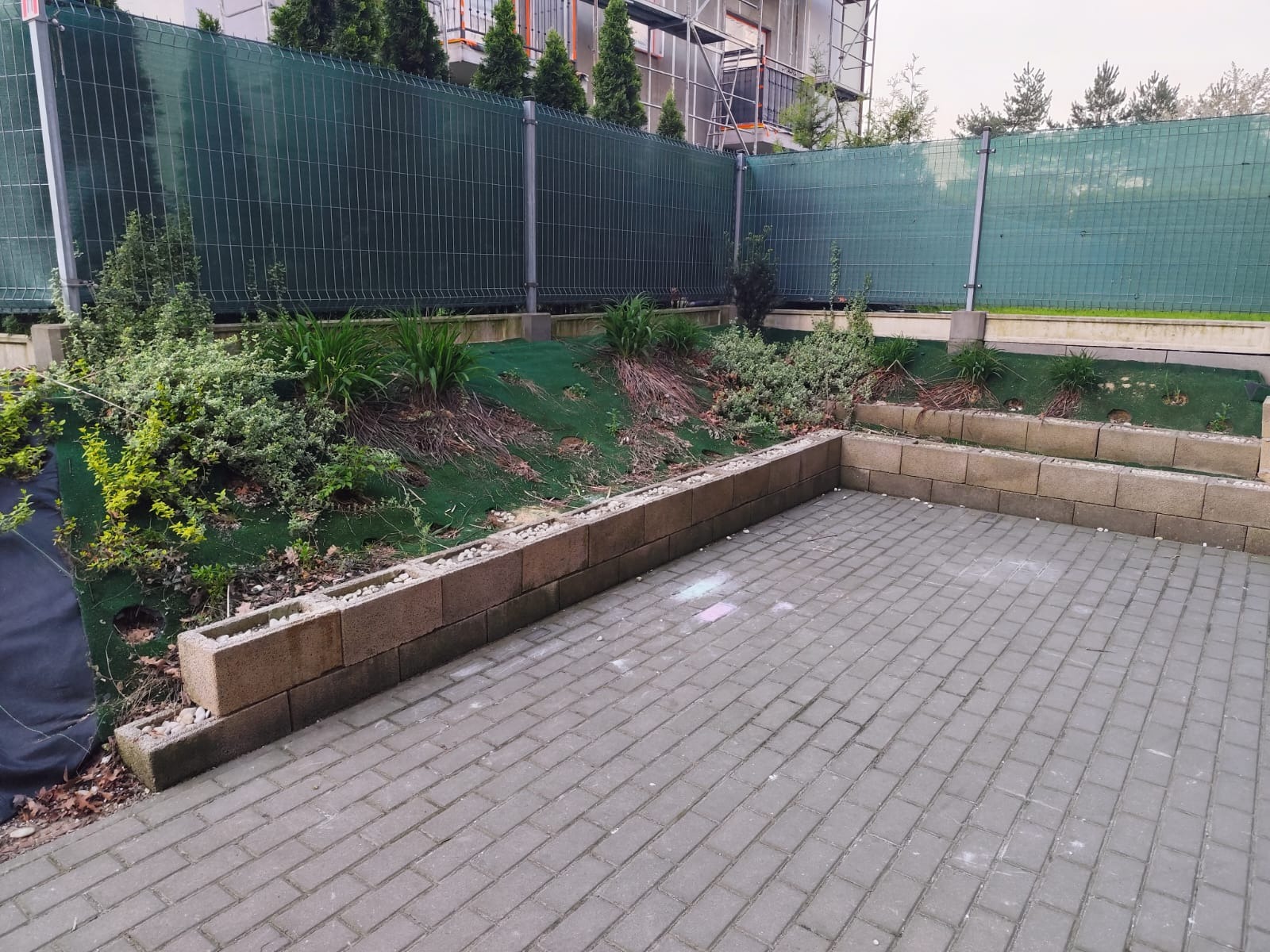 Ułożona kostka brukowa na podwórku z niskim murkiem, za którym widać roślinność i zieloną siatkę ogrodzeniową. Częściowo widoczne rusztowania w tle.