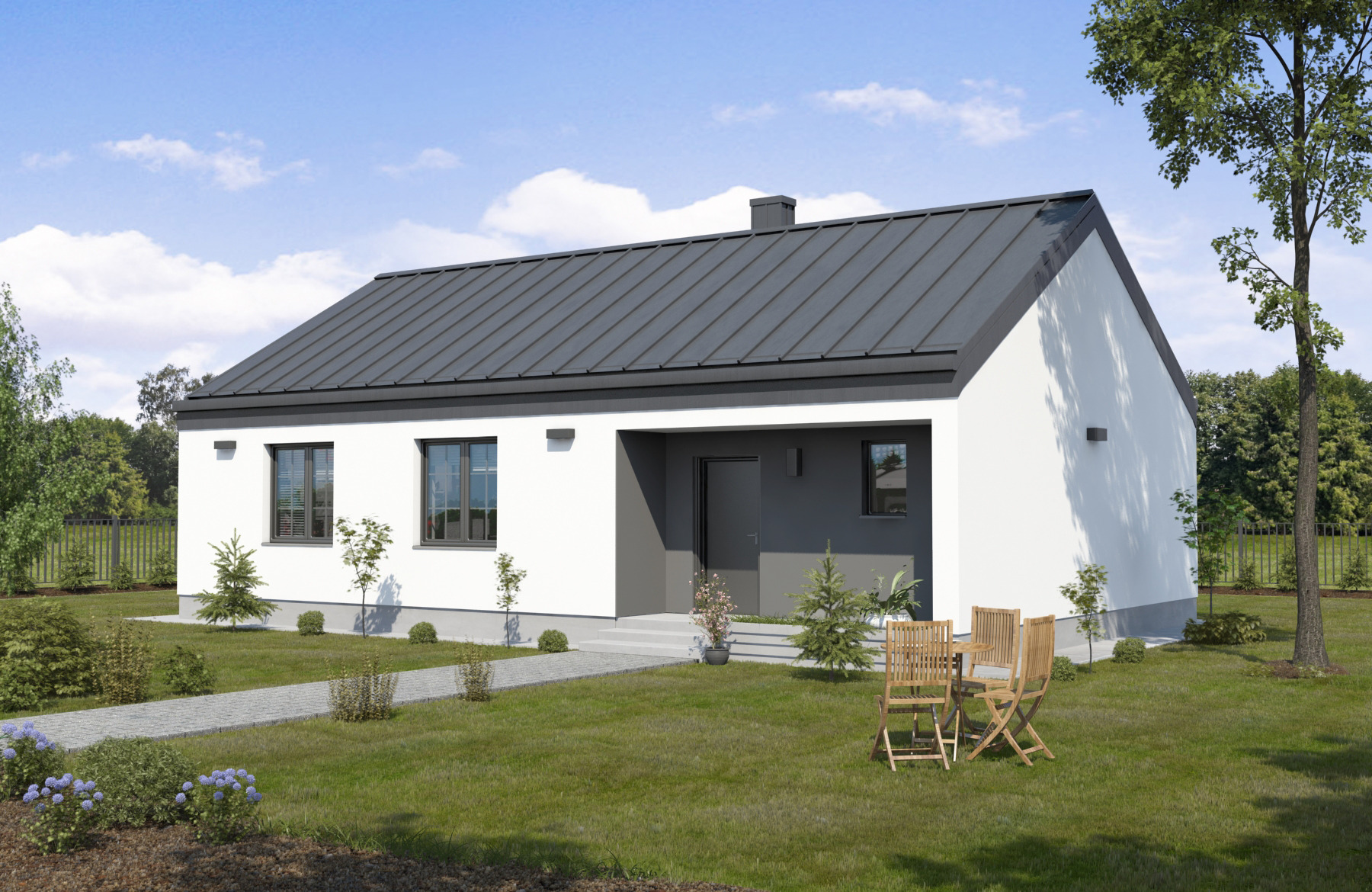 Nowoczesny parterowy dom z szarą dachówką, białymi ścianami i ciemnoszarą strefą wejściową; na trawniku zestaw mebli ogrodowych z drewna.