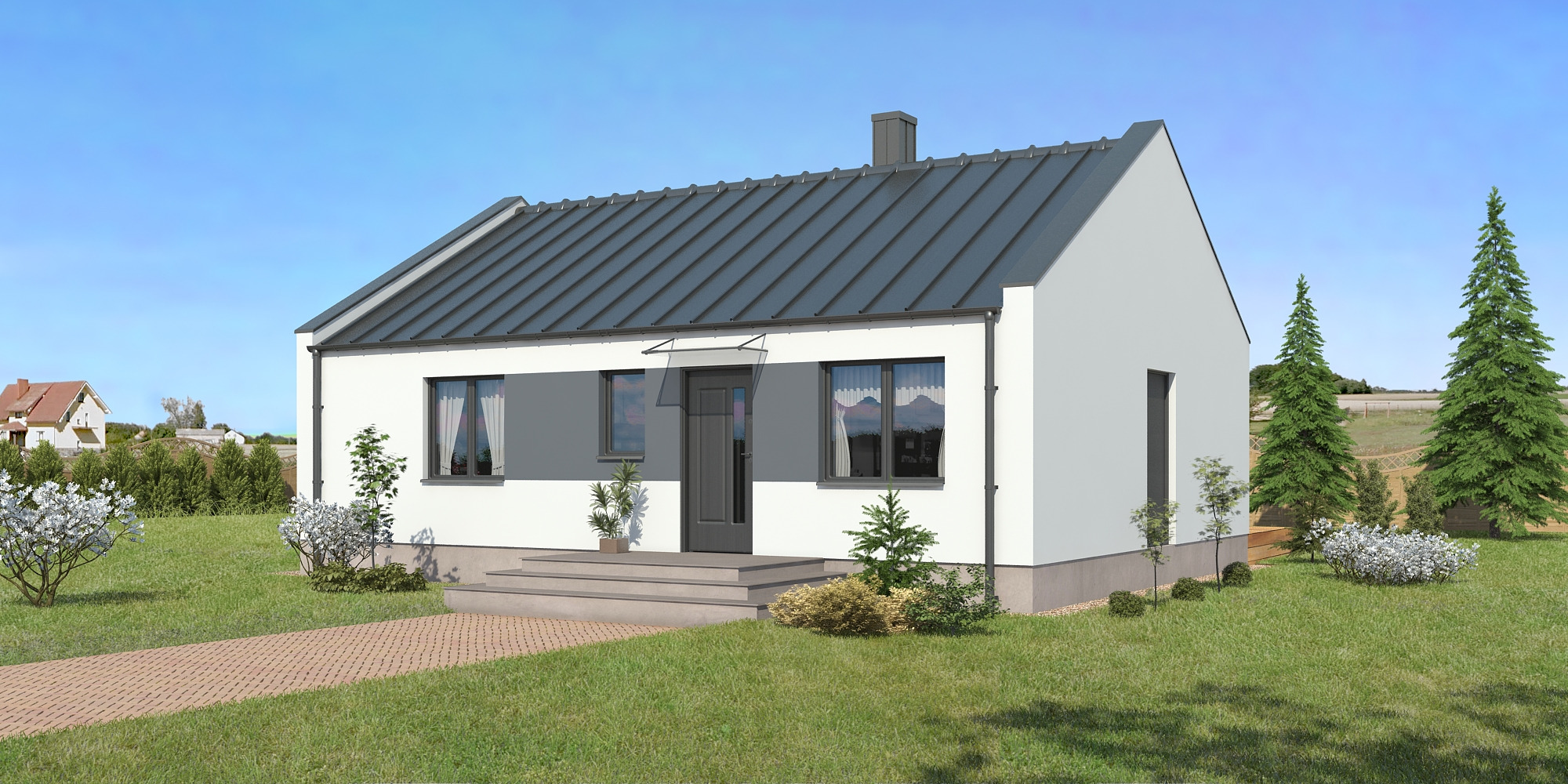 Wizualizacja parterowego domu szkieletowego z szarą blachodachówką, białymi ścianami i szarym akcentem, zadaszone wejście, otoczenie: trawnik, drzewa iglaste i kwitnące krzewy.