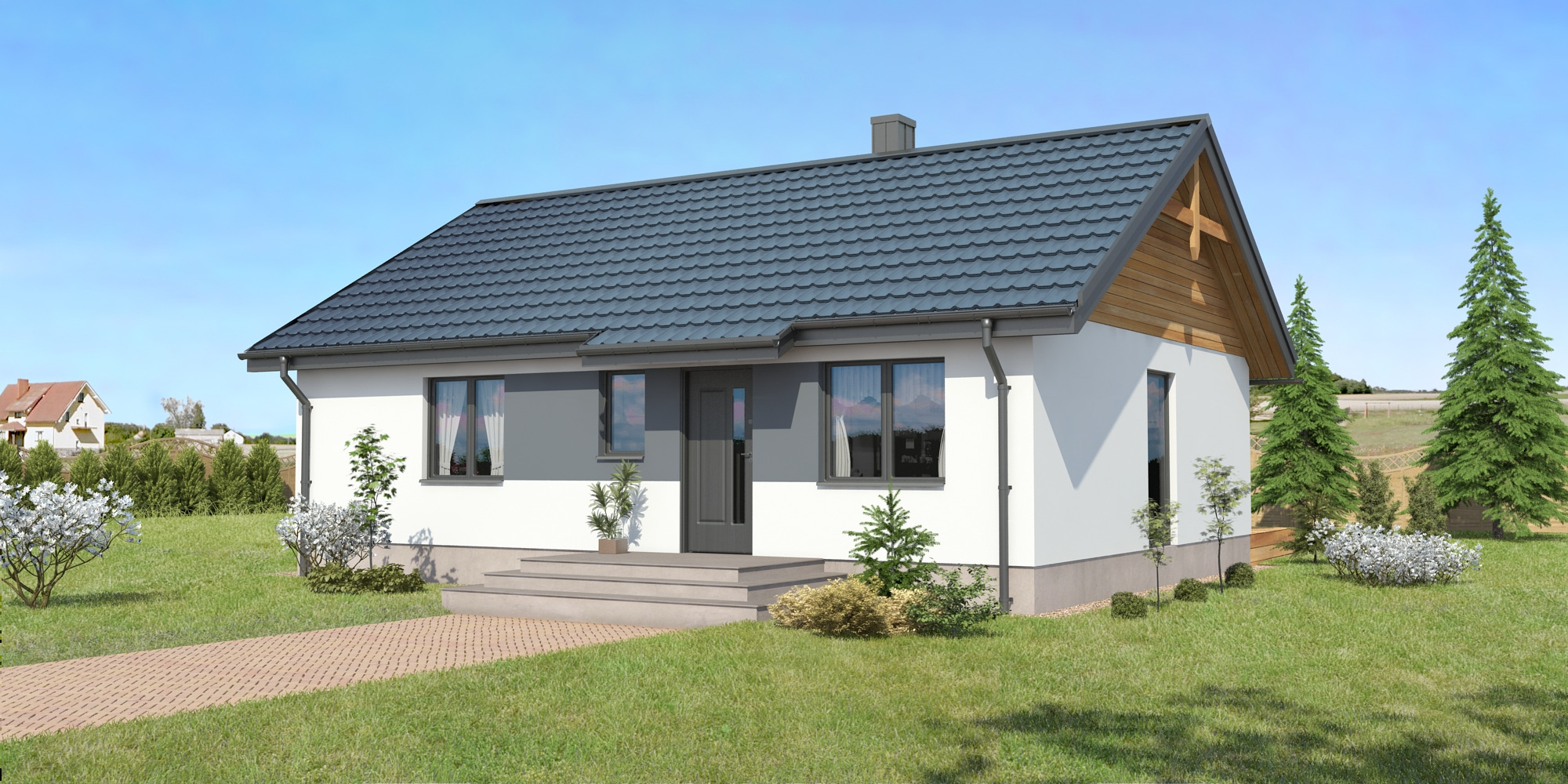 Wizualizacja parterowego domu z szarą dachówką i elementami drewnianymi, otoczonego zielonym trawnikiem i krzewami, z widocznym brukowanym chodnikiem.