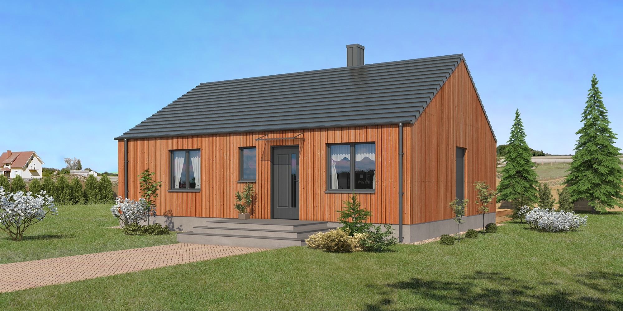 Wizualizacja parterowego domu z drewnianą elewacją, ciemną dachówką i szarymi oknami, otoczonego zielonym trawnikiem i drzewami.