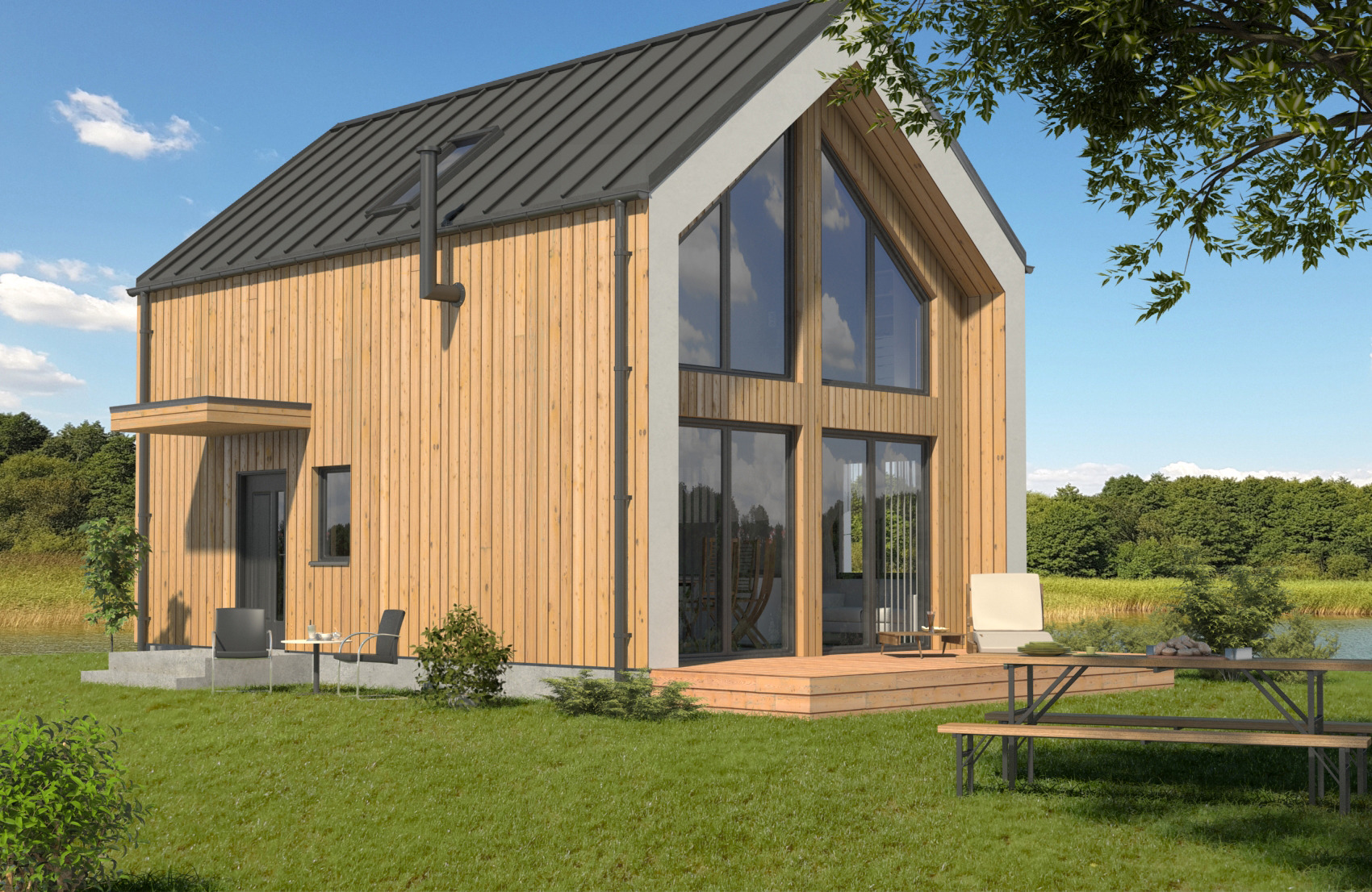 Wizualizacja nowoczesnego domu z drewnianą elewacją, dużymi oknami i metalowym dachem, z tarasem i meblami ogrodowymi na zielonym trawniku.