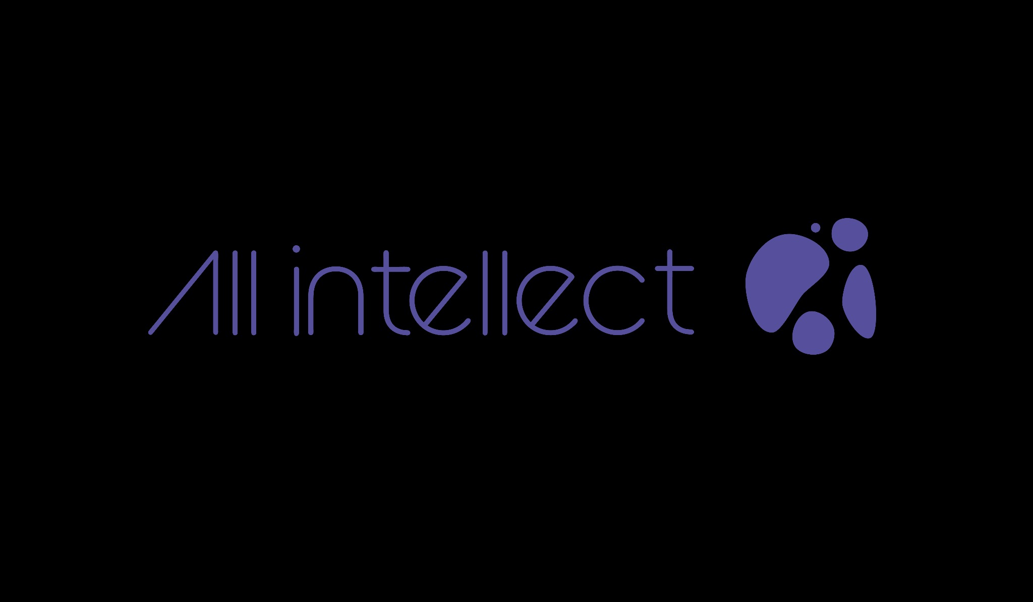 Logo firmy All Intellect na czarnym tle, fioletowy napis i grafika przypominająca skupisko komórek.