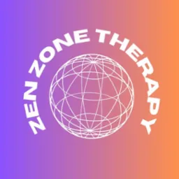 Logo 'Zen Zone Therapy' z białą siatką kuli na fioletowo-pomarańczowym tle gradientowym.
