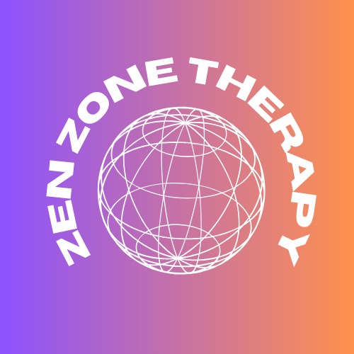 Logo 'Zen Zone Therapy' z białą siatką kuli na fioletowo-pomarańczowym tle gradientowym.