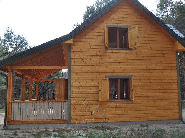 Drewniany dom z zadaszonym tarasem i okiennicami, widok z boku. Naturalne oświetlenie, las w tle. Charakterystyczne poziome deski elewacyjne.