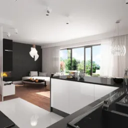 Nowoczesne wnętrze domu z otwartą kuchnią, schodami i kominkiem, utrzymane w bieli, czerni i drewnie, z dużym oknem na ogród i designerskimi lampami.