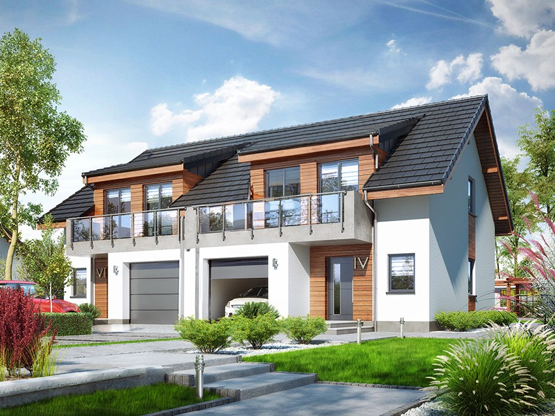 Wizualizacja dwukondygnacyjnego segmentu bliźniaka z balkonami z przezroczystymi balustradami, garażami w bryle i elewacją w bieli i drewnie, otoczonego zielenią i podjazdem z kostki.