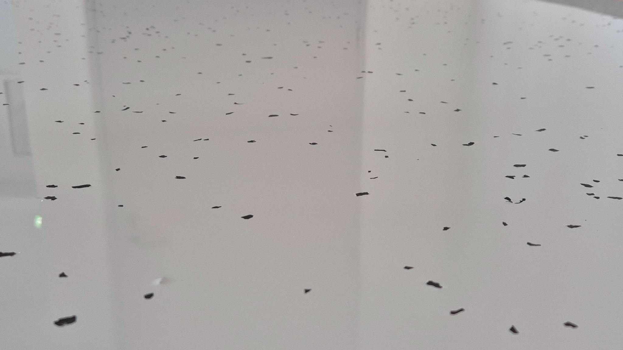 Jasna posadzka z ciemnymi, nieregularnymi plamkami. Gładka powierzchnia z refleksami światła. Minimalistyczny design podłogi.