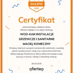 Certyfikat Oferteo Najlepsi 2025 dla firmy WOD-KAN INSTALACJE GRZEWCZE I SANITARNE, Maciej Konieczny, potwierdzający zdobycie tytułu w 9. edycji rankingu.