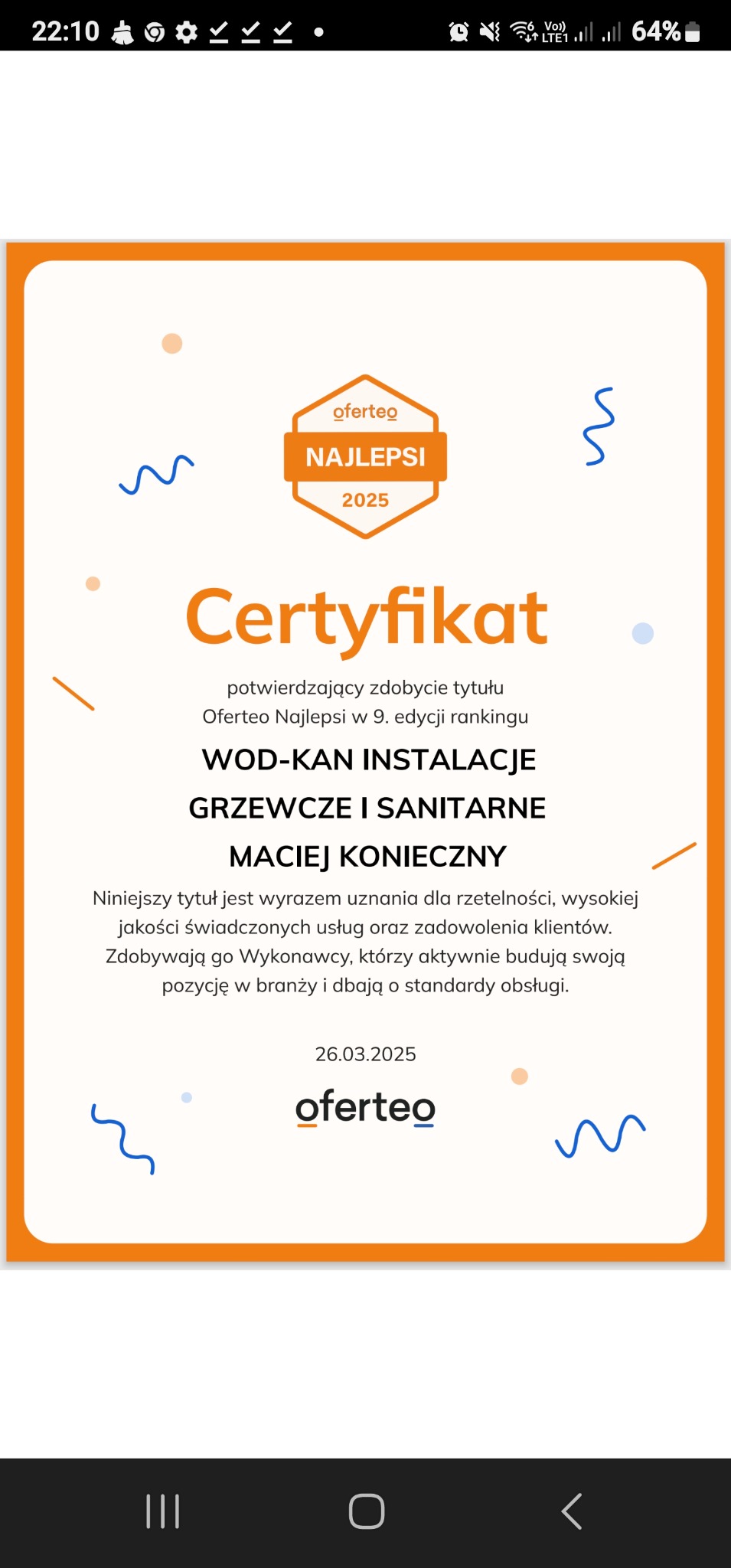 Certyfikat Oferteo Najlepsi 2025 dla firmy WOD-KAN INSTALACJE GRZEWCZE I SANITARNE, Maciej Konieczny, potwierdzający zdobycie tytułu w 9. edycji rankingu.