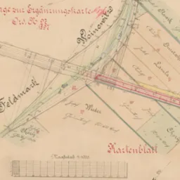 Skan starej mapy katastralnej z odręcznymi napisami w języku niemieckim, przedstawiającej podział gruntów i nazwy miejscowości. Mapa w skali 1:1000, z datą 1897, zawiera pomiary i oznaczenia działek.