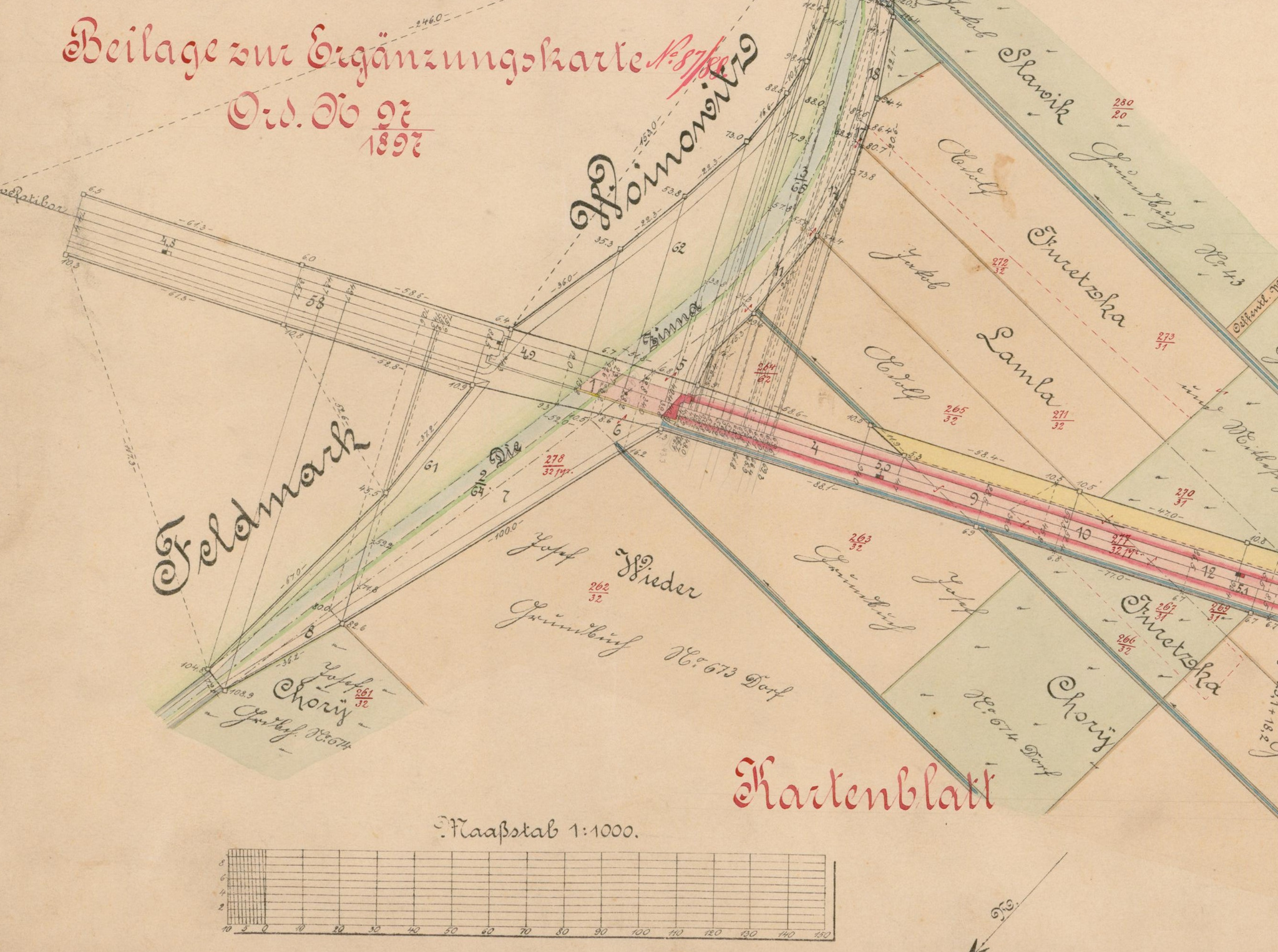Skan starej mapy katastralnej z odręcznymi napisami w języku niemieckim, przedstawiającej podział gruntów i nazwy miejscowości. Mapa w skali 1:1000, z datą 1897, zawiera pomiary i oznaczenia działek.