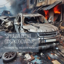Krzysztof London - Zniszczony samochód osobowy na tle płonącego budynku, widoczne wraki innych pojazdów i dym, symbolizujące skutki zdarzenia wymagającego wsparcia prawnego w uzyskaniu odszkodowania.