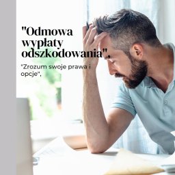Krzysztof London - Zamyślony mężczyzna, trzymający długopis przy skroni, pochylony nad dokumentami; tekst 'Odmowa wypłaty odszkodowania', 'Zrozum swoje prawa i opcje'.