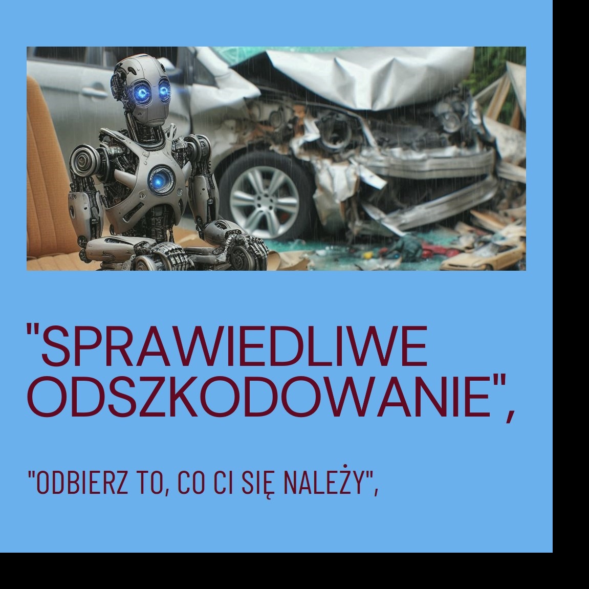 Grafika przedstawia zniszczony wrak samochodu po wypadku, obok którego siedzi robot z niebieskimi, świecącymi oczami. Na dole widnieje napis 'Sprawiedliwe Odszkodowanie', 'Odbierz to, co Ci się...